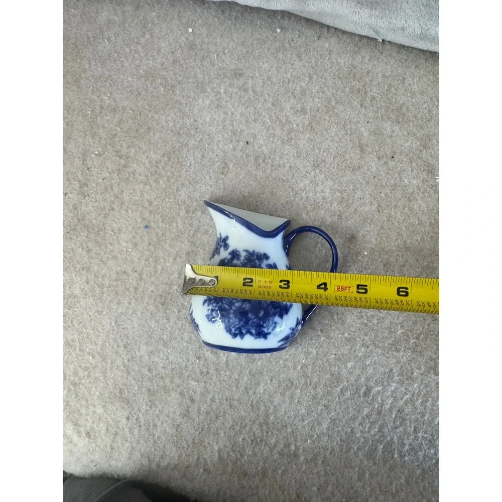 Blue White Floral Porcelain Pitcher Creamer Set 6pc Flow Blue Style Victorian